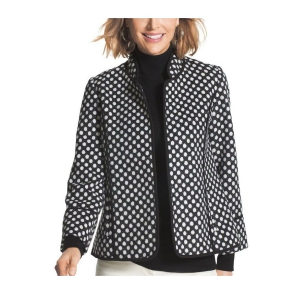 Chico's Black & Ivory Polka Dot Soft Fleece Jacket Or Blazer Preppy Sz 1 / US 8